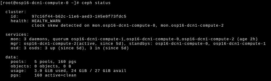 If we ssh to one of the DCN nodes and check the Ceph status, we can see that it consists of nodes only at the local site
