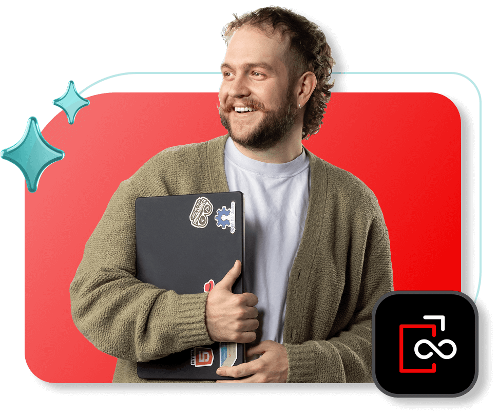 Colagem de um homem segurando um laptop com o ícone da solução Red Hat Advanced Developer Suite