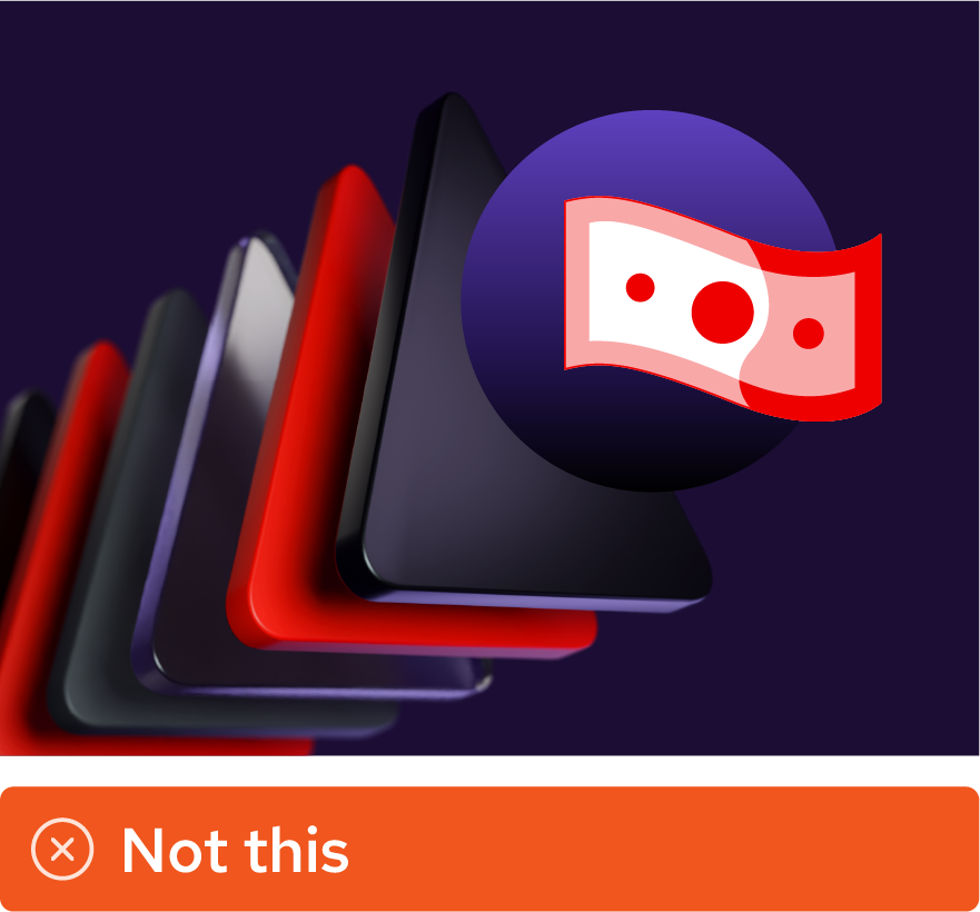 Image showing misuse: The money mini illustration placed on top of a base shape, which is sitting on top of the platform art for automation. The mini has too much contrast against the background.