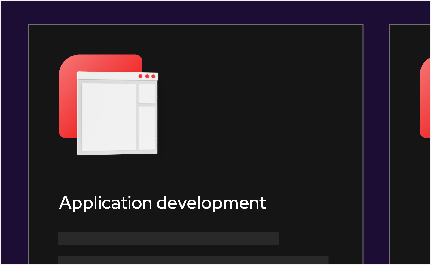 A web card with the title “Application development” and a mini collage at the top, featuring a red base shape and the 3D application.