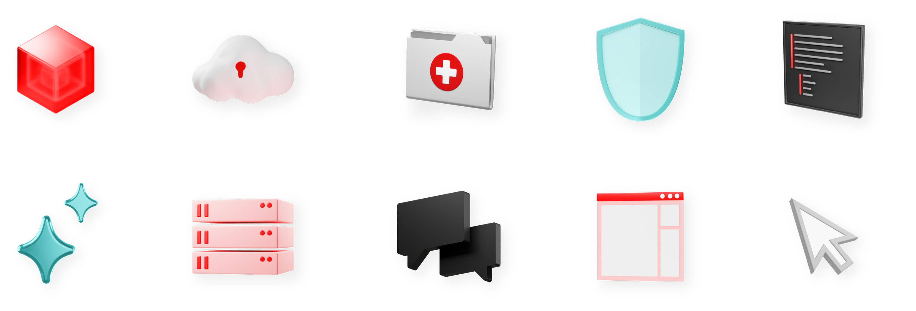 10 simple 3D objects with a drop shadow.