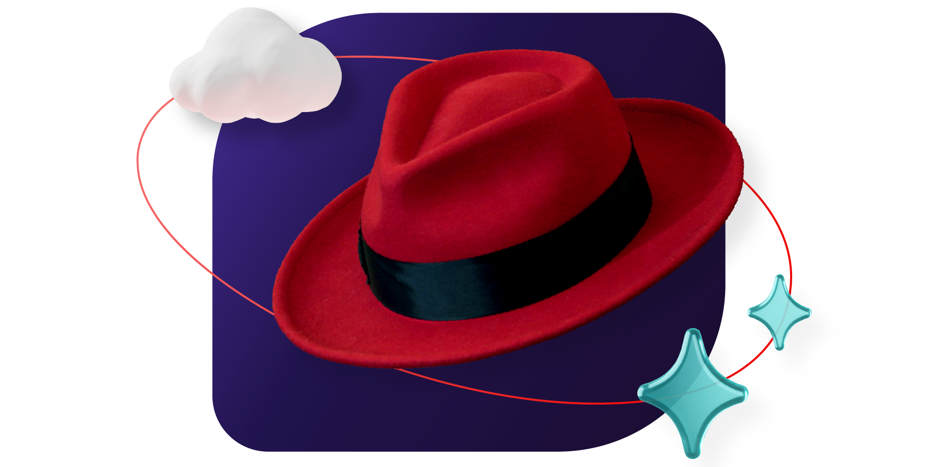 A collage featuring a red fedora, teal sparkles, and a cloud. They're sitting on stop of 2 base shapes.