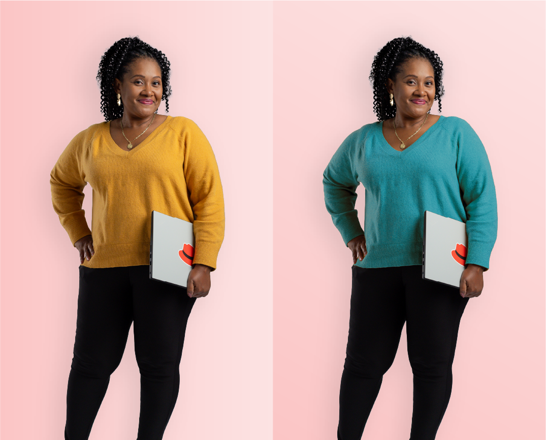 Two studio portrait photos of the same woman are side-by-side. The original photo on the left shows the woman in a yellow sweater. On the right, the image has been altered so that the sweater matches teal from the Red Hat color palette.