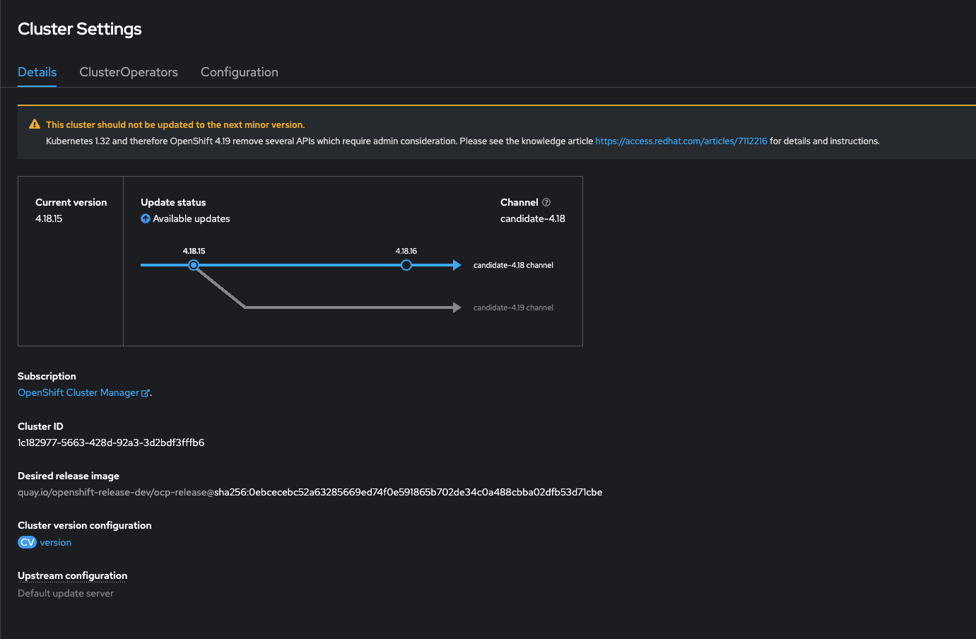 black screen with multicolored text showing the Update path with additional hints in the cluster web console