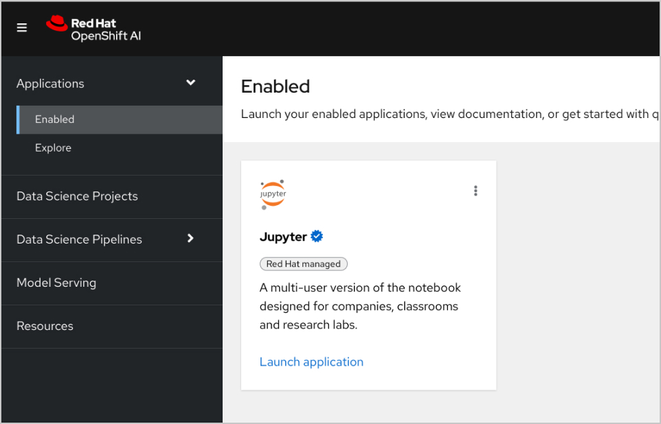 OpenShift AI 控制台中“已启用应用”选项卡的屏幕截图