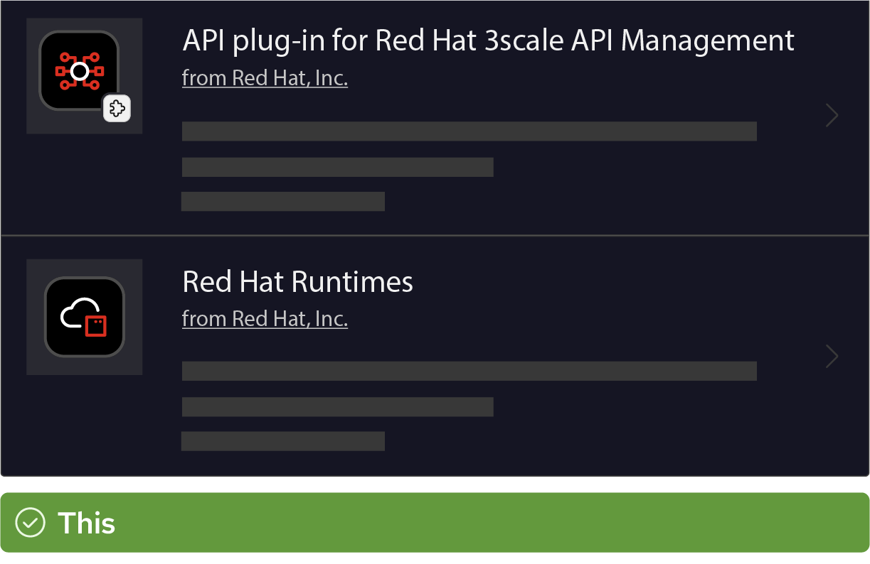 Marketplace listings for Red Hat Ansible Automation Platform and Red Hat Runtimes. Both listings have multi-sentence descriptions of the product.
