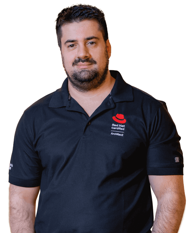 headshot of Daniel Carvalho dos Santos wearing a Red Hat Certified Architect shirt