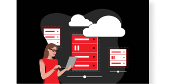 Illustrazione di un'utente che usa un computer portatile, con cloud e applicazioni sullo sfondo