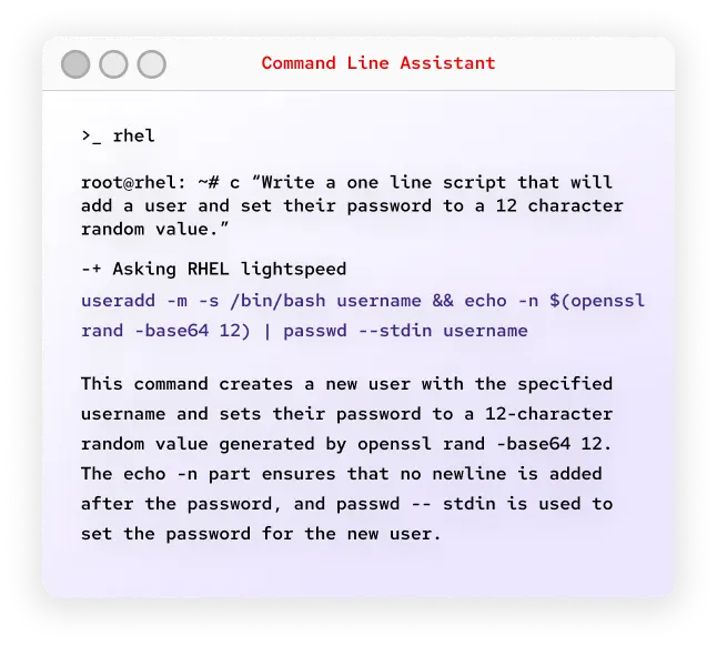 Red Hat Enterprise Linux 10 커맨드라인 어시스턴트의 모습. 시용자가 어시스턴트에게 스크립트 한 줄을 작성하여 사용자를 추가하고 비밀번호를 12자 길이의 임의의 값으로 설정하도록 요청합니다.