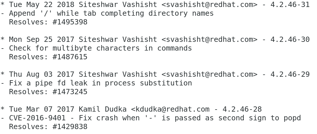 Output of rpm -q --changelog bash Output of rpm -q --changelog bash