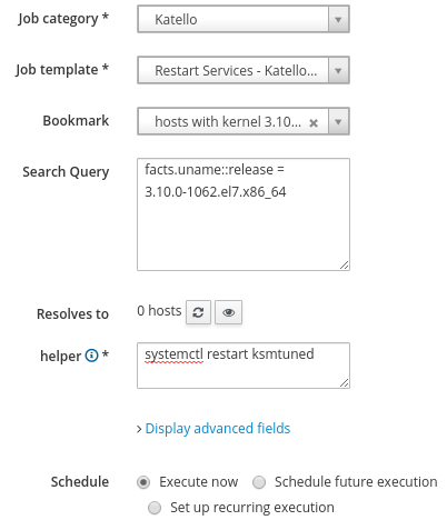 Katello job dialog in Satellite Katello job dialog in Satellite