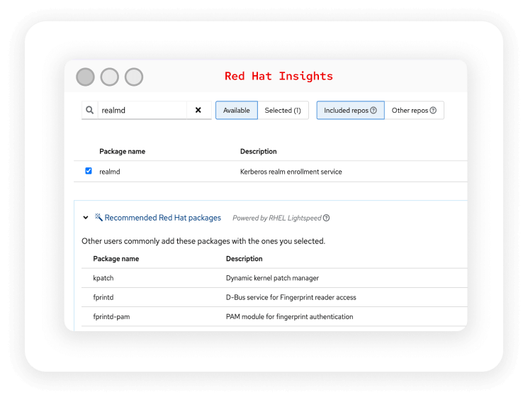 RHEL Lightspeed 기반 추천 Red Hat 패키지가 표시된 Red Hat Insights 창의 모습