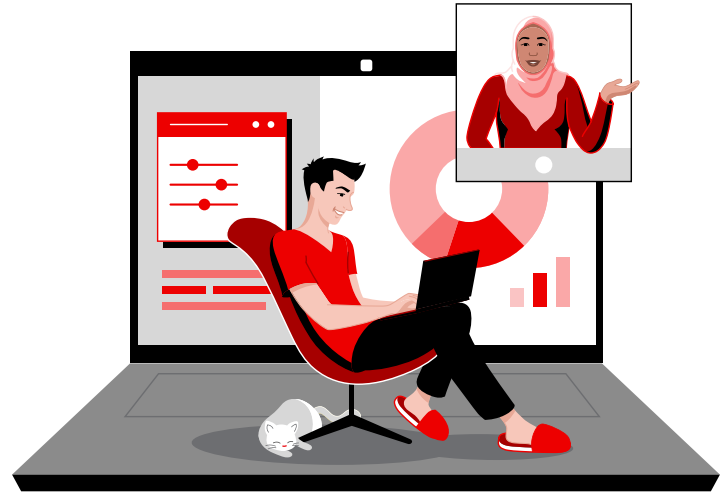 Consulting image showing person sitting on chair with cat sleeping under virtually chatting with representative