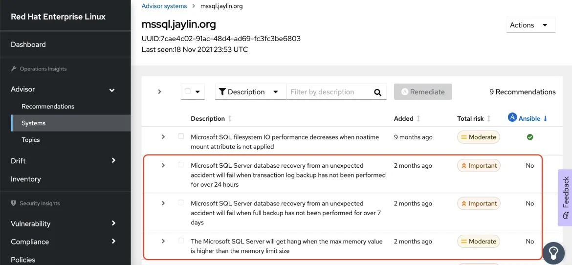 Red Hat Insights Advisories generated by the SQL Assessment API Red Hat Insights Advisories generated by the SQL Assessment API