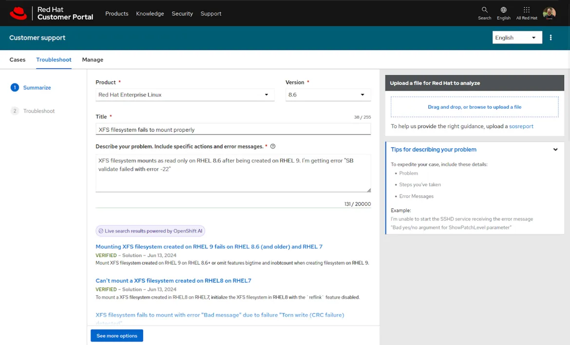 AI-powered Red Hat Customer Portal A view of the Red Hat Customer Portal powered by Red Hat OpenShift AI