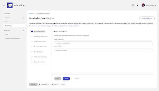 GUI for knowledge contributions in RHEL AI 1.4 Showing the GUI for knowledge contributions in RHEL AI 1.4