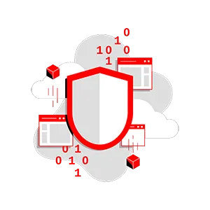 Simple illustration of a shield in front of some computer windows and clouds