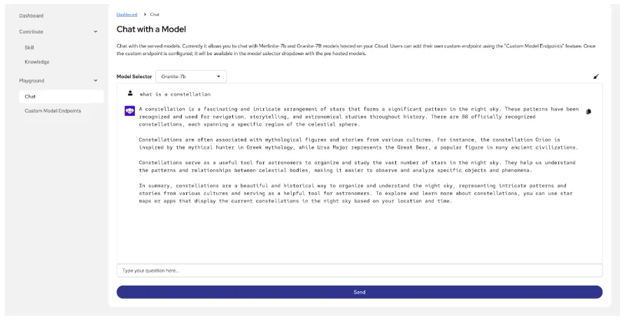 Chat with a Model GUI in RHEL AI 1.4 Showing Chat with a Model function in RHEL AI 1.4 GUI