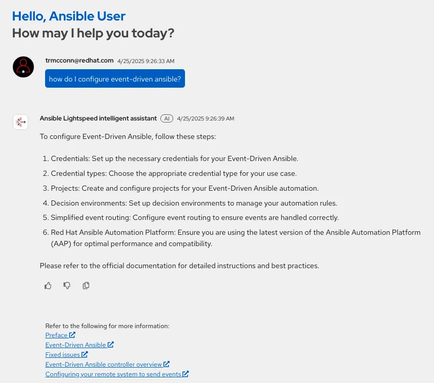 Ansible Lightspeed intelligent assistant prompt, response, and referenced resources