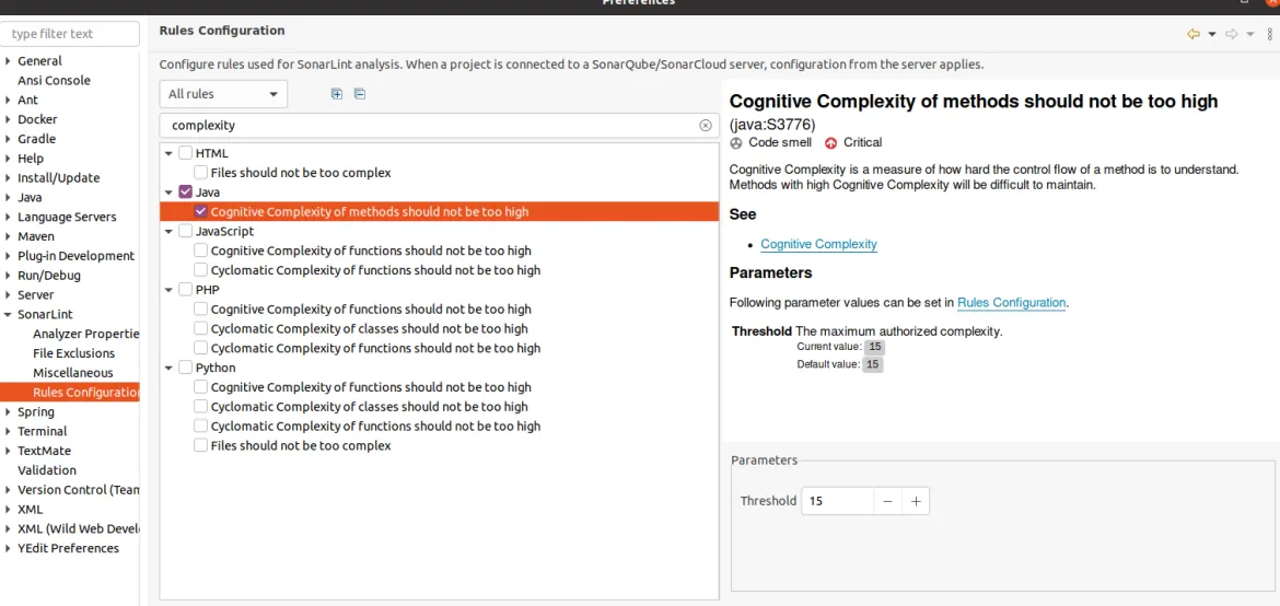 Screenshot of SonarLint complexity configuration Screenshot of SonarLint complexity configuration