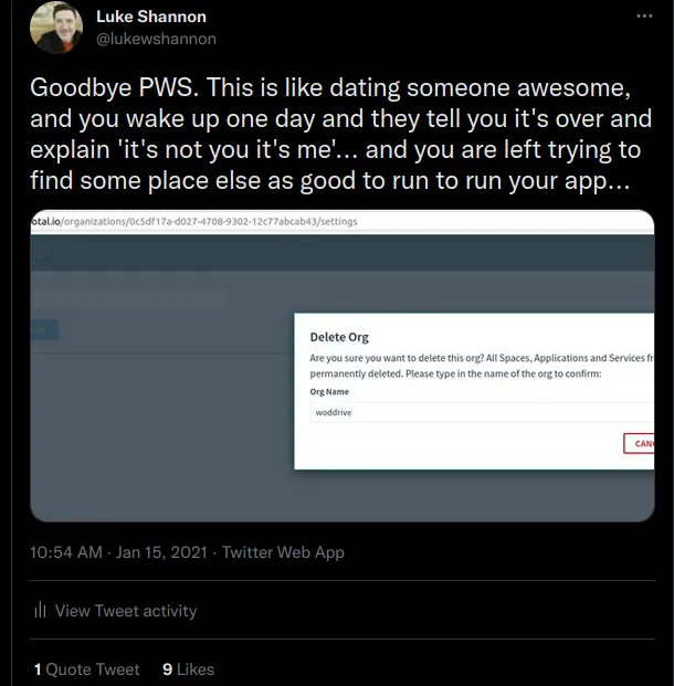 Screenshot of a tweet in which the author is saying goodbye to PWS Screenshot of a tweet in which the author is saying goodbye to PWS