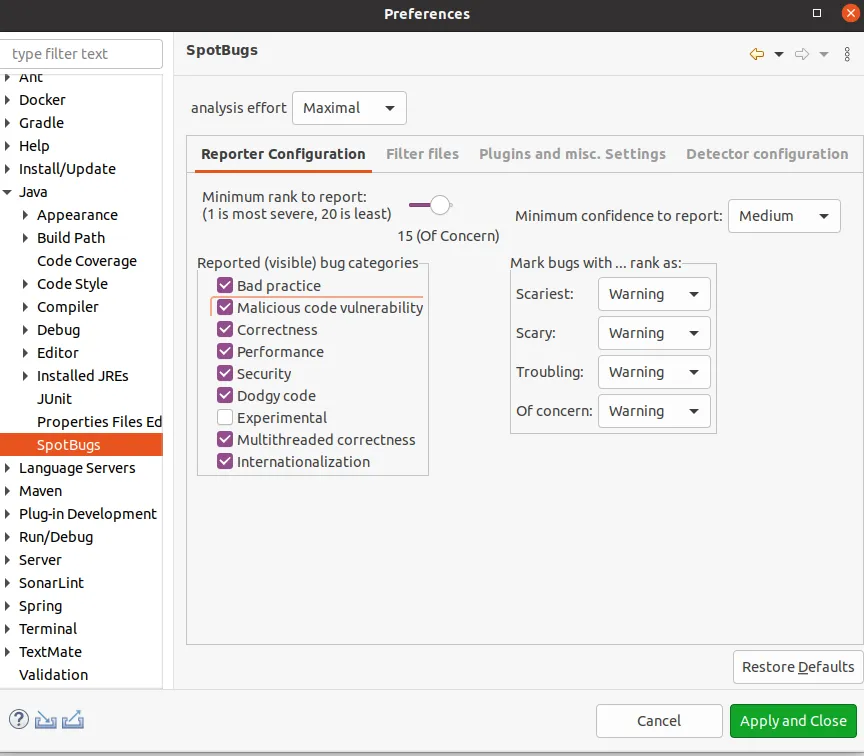 SpotBugs Reporter Configuration screen SpotBugs Reporter Configuration screen