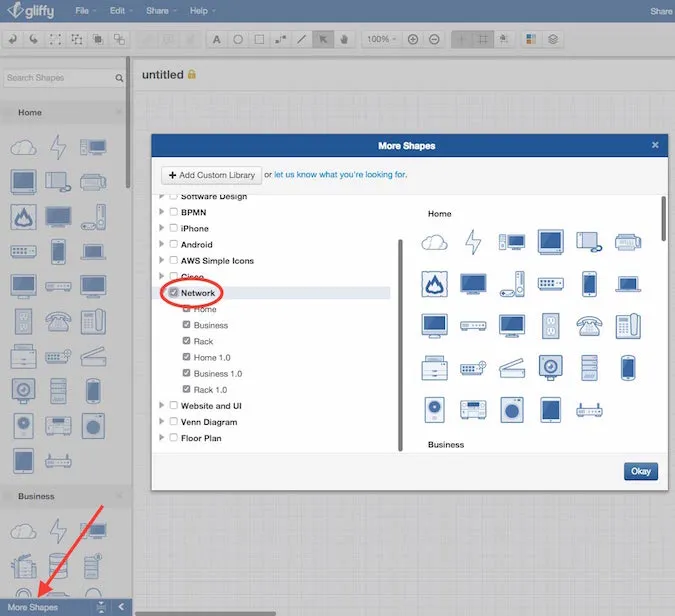 Gliffy interface showing multiple icons for functions and networks