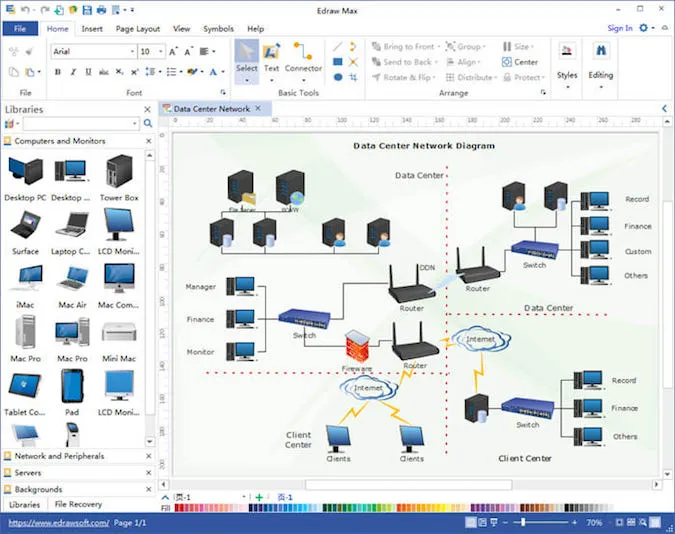 Visio interface including templates and computer hardware icons