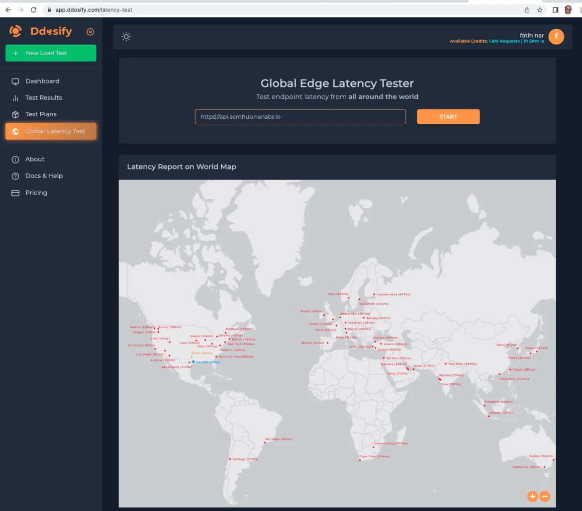 Screenshot of Ddosify's Global Edge Latency Tester results