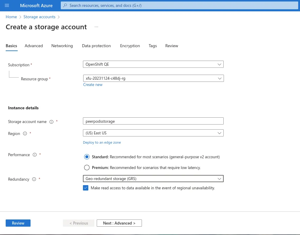 Screenshot of creating a storage account in Azure