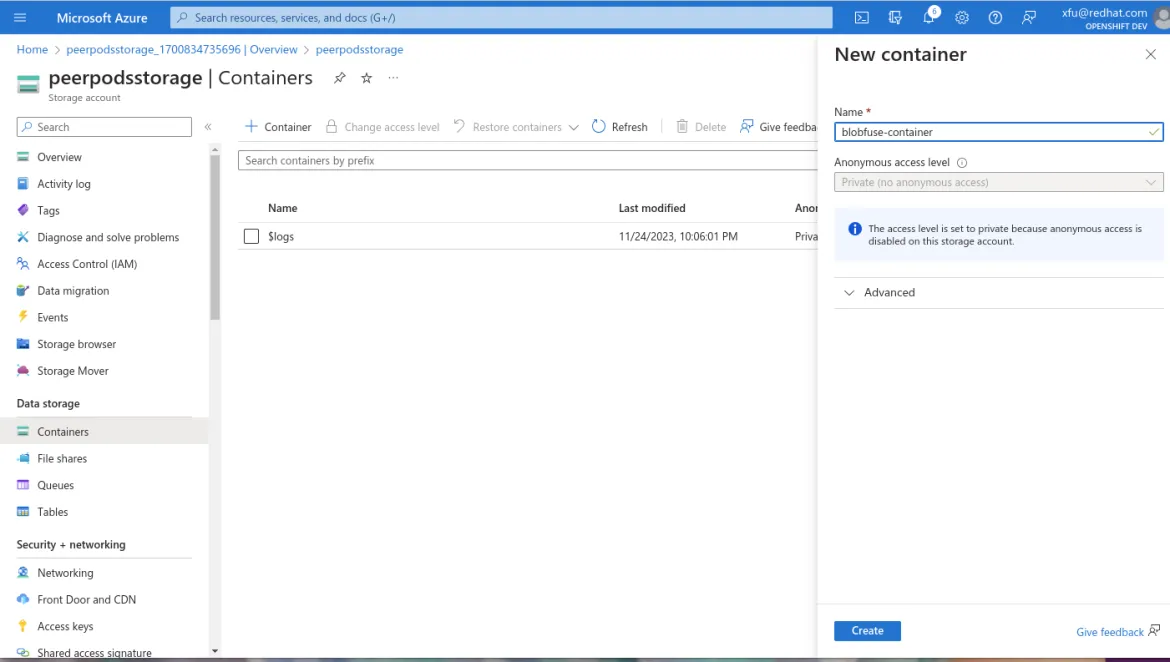 Screenshot of creating a container under your storage account