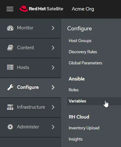 Go to the Ansible Variables sub-menu Go to the Ansible Variables sub-menu