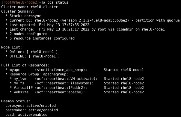 Screenshot of a linux terminal displaying the cluster status of rhel8-node2
