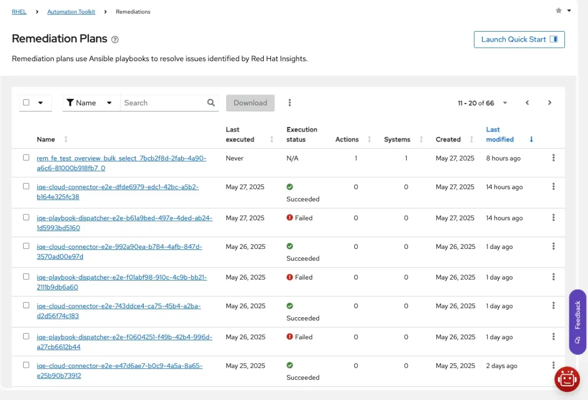 Remediation Plans table view within Red Hat Insights Remediations Remediation Plans table view within Red Hat Insights Remediations