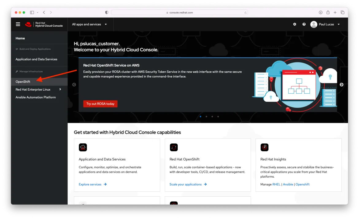 Red Hat Hybrid Cloud Console page