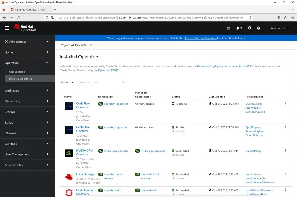 Operators installed for the Red Hat/Supermicro MLPerf training v3.1 submission