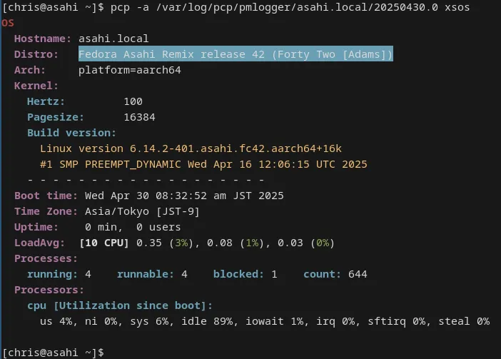Terminal output from the “pcp -a … xsos” command