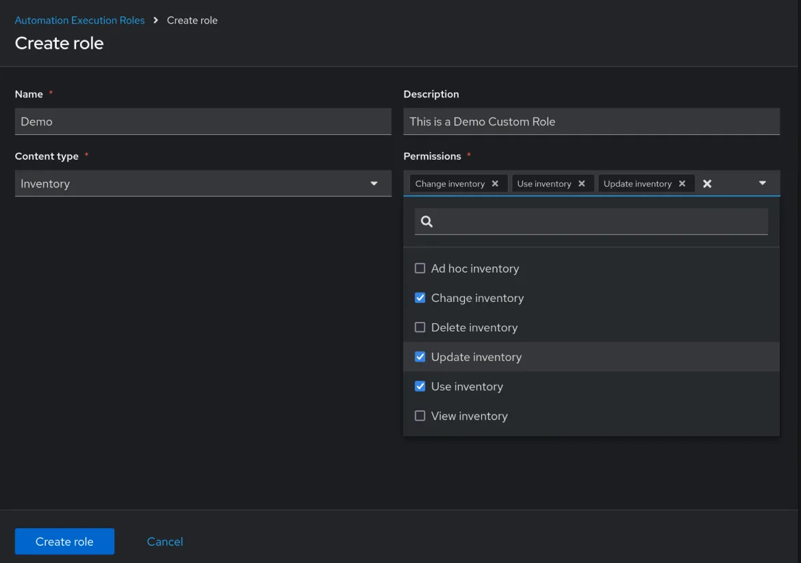 After choosing the content type in the Create Role page, you can choose multiple permissions from this content type using a dropdown menu for this custom role.