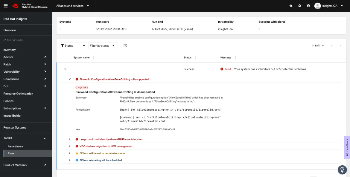 Red Hat Insights Toolkit Tasks screenshot Red Hat Insights Toolkit Tasks screenshot
