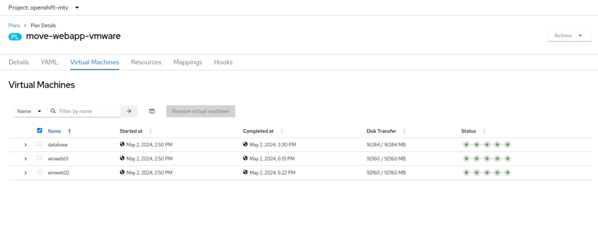 red-hat-openshift-virtualization-image06 A virtual application having been migrated to OpenShift Virtualization with the Migration Toolkit for Virtualization.