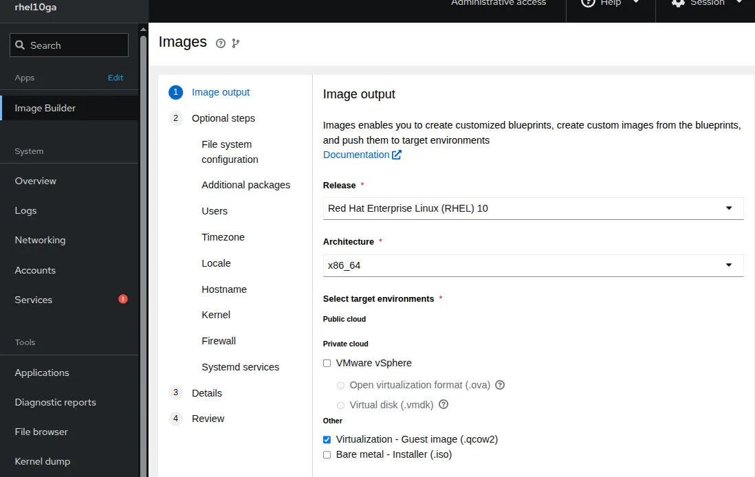 Screenshot showing new RHEL 10 image builder interface
