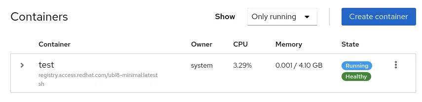 RHEL web console list of running containers.
