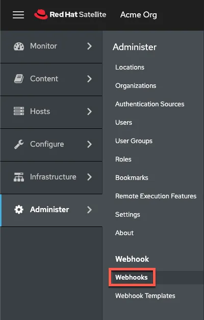 Screenshot of a Satellite menu with "Webhooks" highlighted