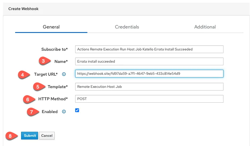 Screenshot of the General tab of the Create Webhook dialog