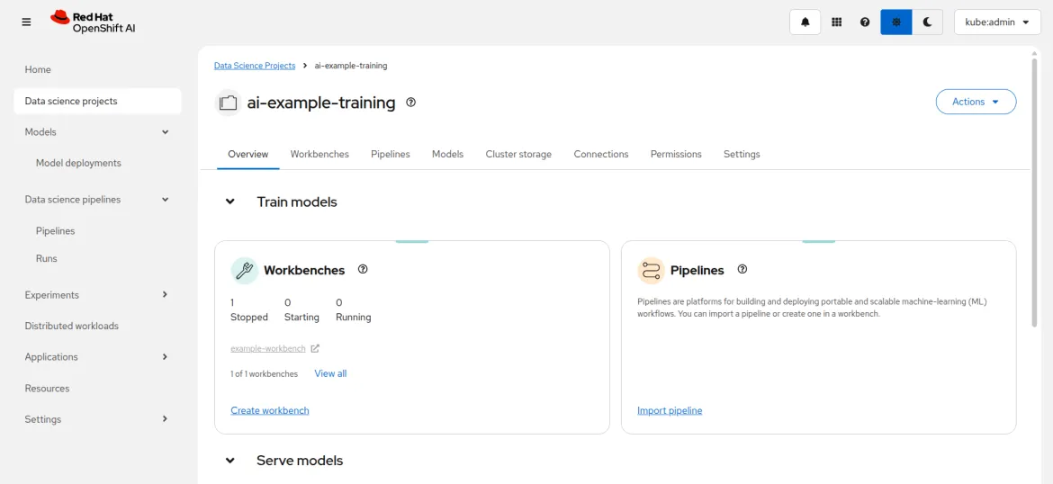 Screenshot from an example data science project in the Red Hat OpenShift AI web console, showing the Train models section of the Overview tab, with the Workbenches and Pipelines panels visible.