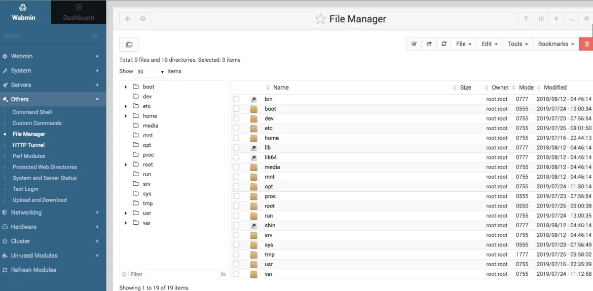 The Webmin Others Page showing the Graphical File Manager tool