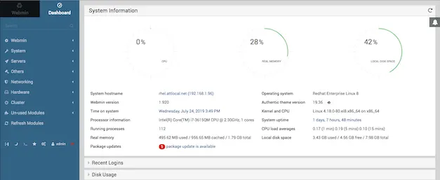 Webmin main page showing the Dashboard and Navigation pane.