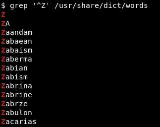 Finding all words that start with Z.