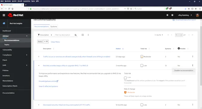 Red Hat Insights recommendations disable option