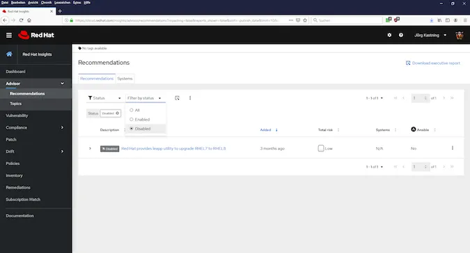 Red Hat Insights disabled recommendations